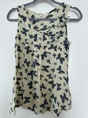 Blue Bird Cream Tank Top with Black Butterfly Print
